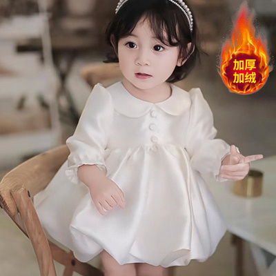 女宝宝周岁抓周礼服2025新款秋冬白色花童礼服洋气蓬蓬公主裙长袖