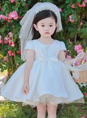 高级感女童白色连衣裙夏装女宝宝周岁生日儿童演出礼服裙子蓬蓬裙
