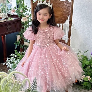 女童公主裙女童亮片泡泡袖纱裙网纱大裙摆连衣裙生日礼服六一表演