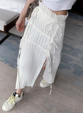 纯色包臀裙腰带设计开叉裙压褶过膝半身裙F7736高腰飘逸中长款