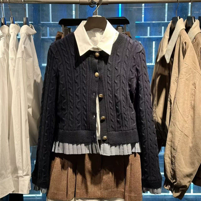 VM NY NB UR2025春美式复古miu系时尚拼接假两件长袖针织衫外套女