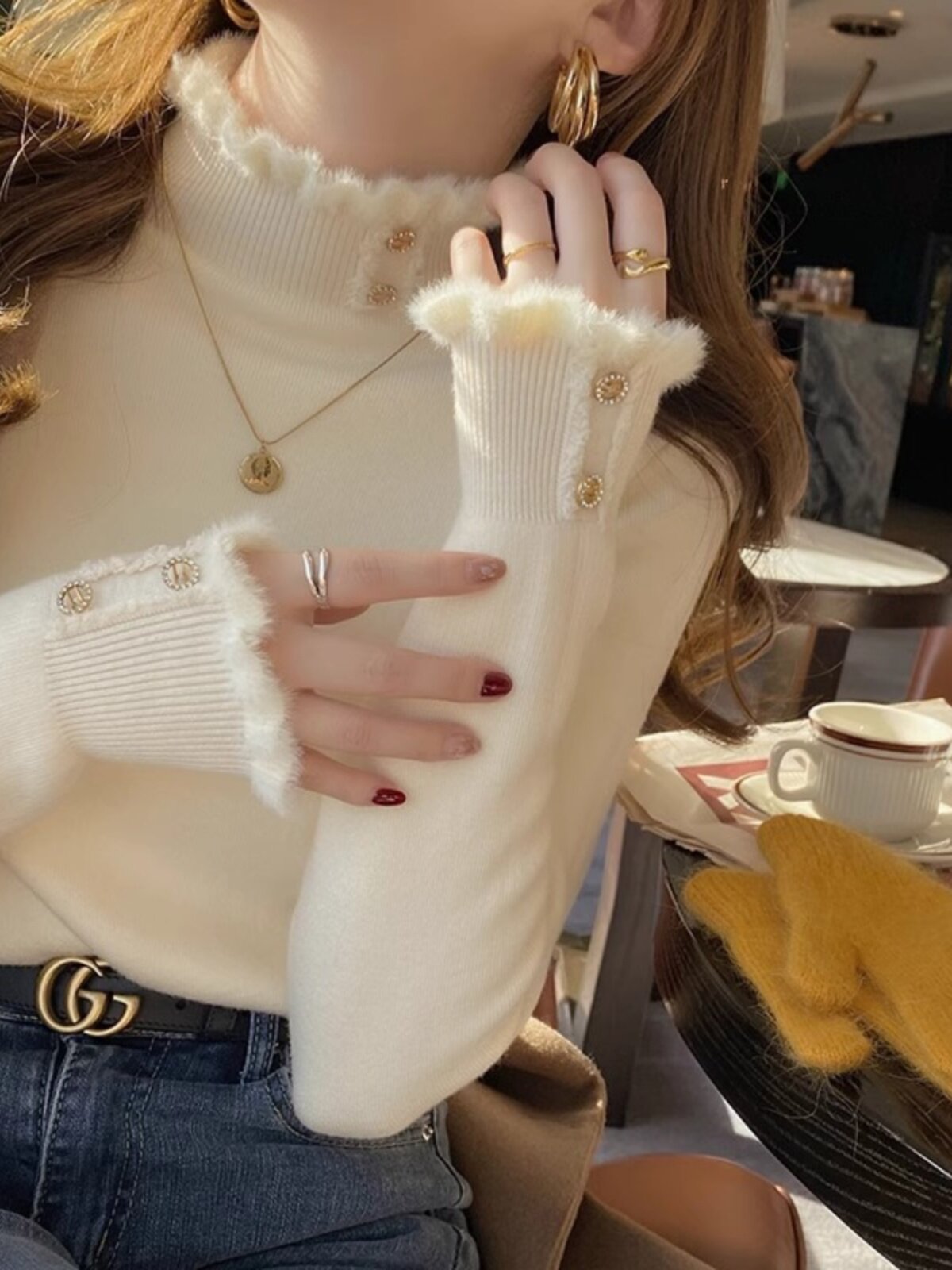 Qadın yun sviter, qalın fleece astarlı, yarımboyunlu