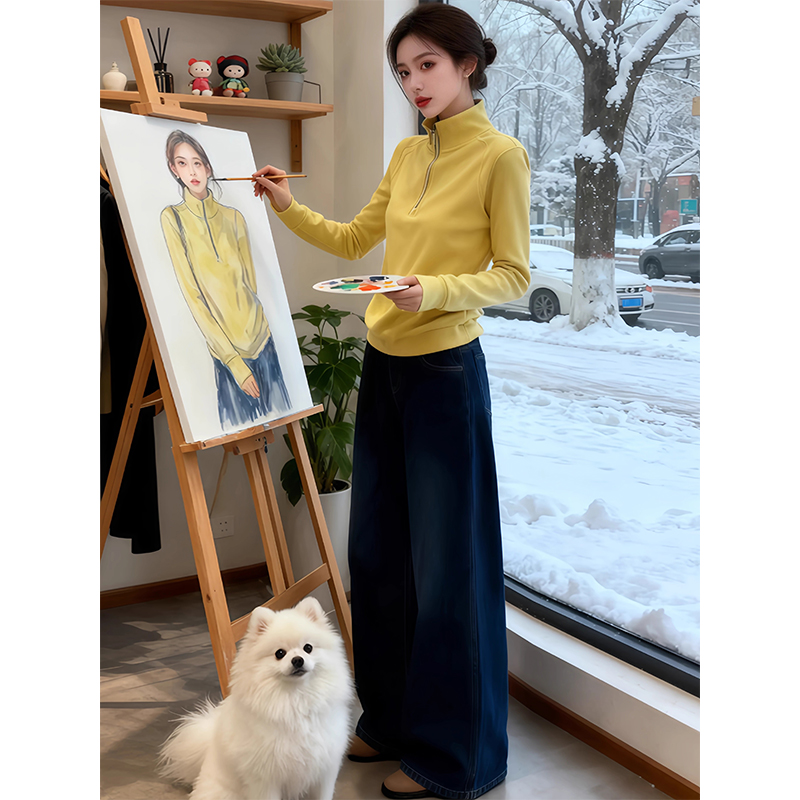 双面磨毛软糯德绒半拉链长袖T恤女2025秋冬季新款内搭打底衫上衣