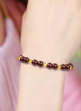 天然酒红石榴石黄金转运珠手链女