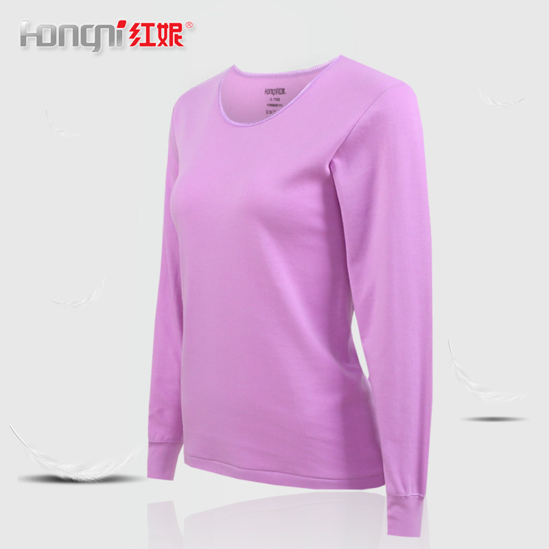 红妮内衣女士中老年人圆低领薄100%精梳纯棉全棉毛衫秋衣上衣单件