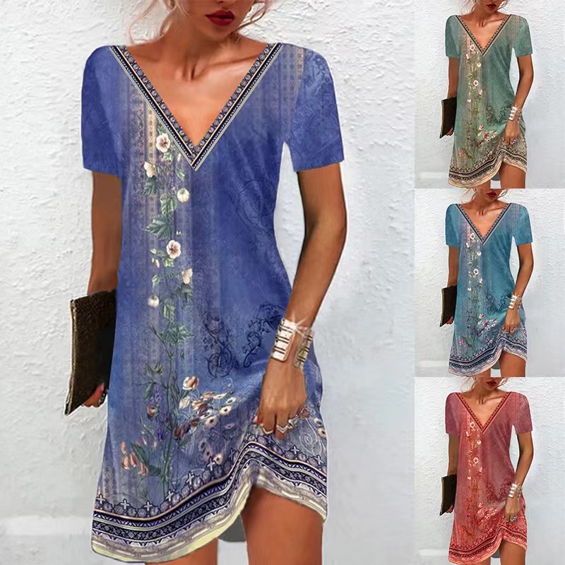 2023 Summer Printed retro v-neck leisure dress tops S-5XL裙 女装/女士精品 连衣裙 原图主图