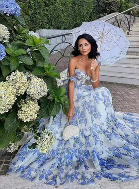 露肩欧根纱仙气长款气质晚礼服连衣裙 Off shoulder evening gown