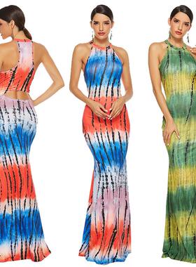 Sexy Coloured drawing pattern printed dress dress 修身长裙