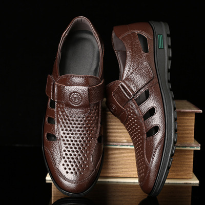 Oversized men shoes summer hollowed genuine leather sandals