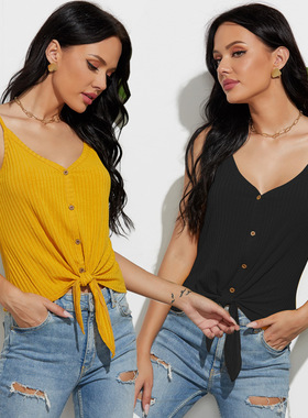 吊带背心打结女T恤Sexy Condole belt vest single-breasted tops