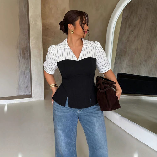 夏季条纹拼接薄款短袖上衣 plus size Summer striped thin top