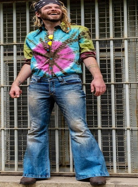 朋克风牛仔男裤蓝色高腰复古男士大喇叭裤 Big horn men's pants