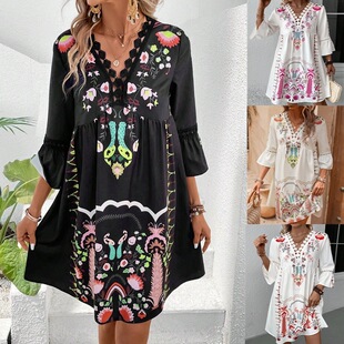 patchwork lace neck dress度假风裙 versatile printed casual