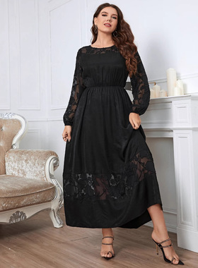 200斤胖女人蕾丝裙 plus size women Autumn lace black dresses