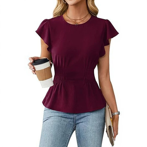 束腰圆领荷叶边短袖上衣褶皱衬衫女装 Ruffled short sleeved top