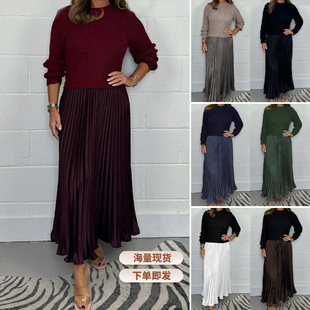 skirt 纯色针织衫 set sweater knit 长袖 毛衣拼接压褶半身裙
