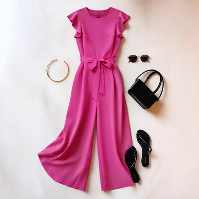 Lotus leaf sleeve solid color waist cinching jumpsuit 连体裤