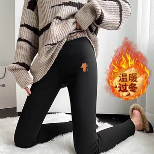 高腰保暖棉裤 秋冬新款 小猫刺绣打底裤 阳离子润肤小黑裤 女 加绒大码