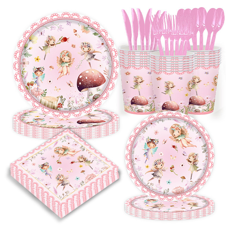 粉色花仙子生日婚礼派对装扮用品纸盘 Pink Fairy Party Supplies