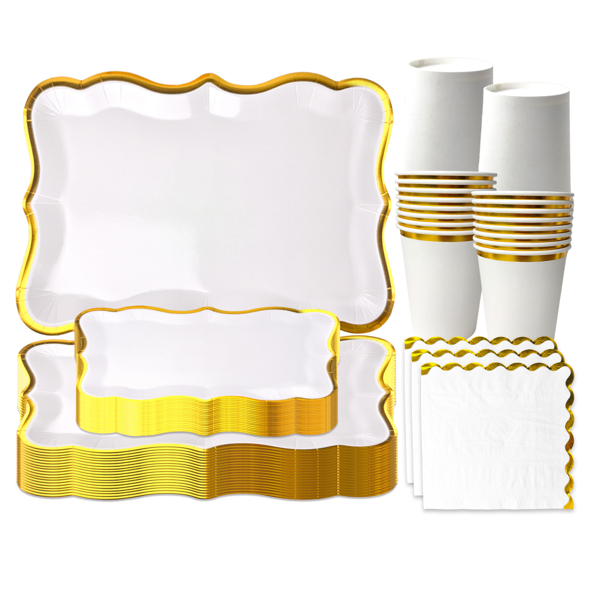 金色花边长方形白色纸盘宴会婚礼派对用品 White Party Supplies