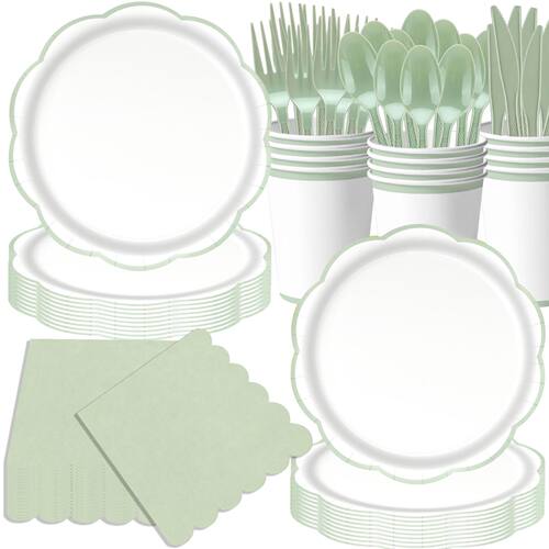 鼠尾草绿色花边派对用品一次性餐具 Sage Green Party Tableware