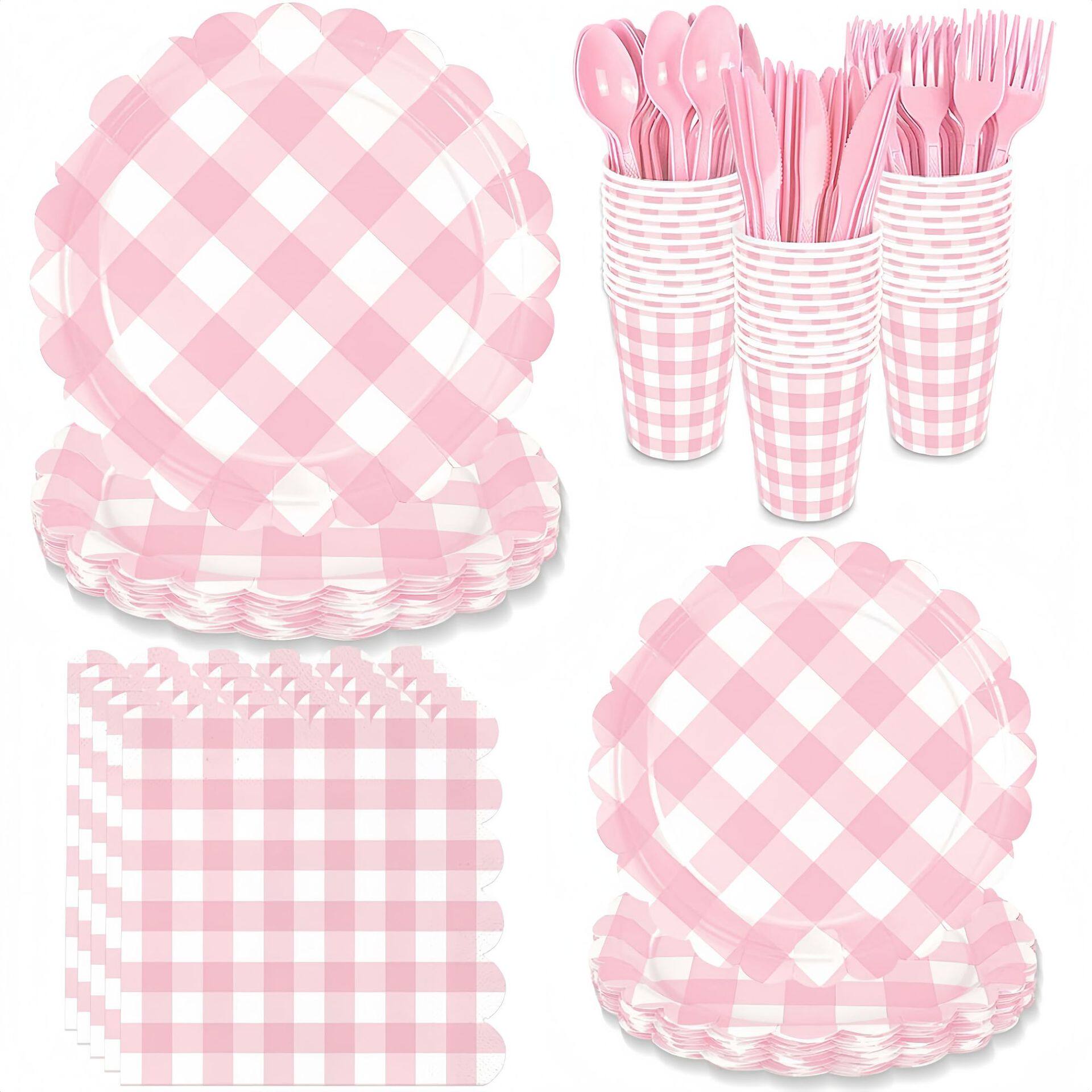 粉色格子派对用品花边纸盘桌布 Pink Plaid Check Party Supplies