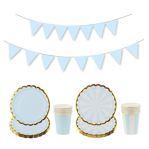 金色波浪花边蓝色派对用品 Golden Scallop Blue Party Supplies