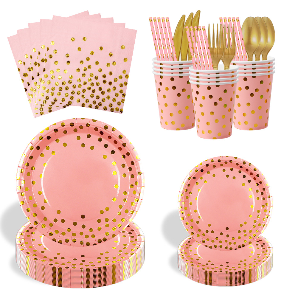 烫金粉色派对装扮用品纸盘Birthday Party Supplies Paper Plates