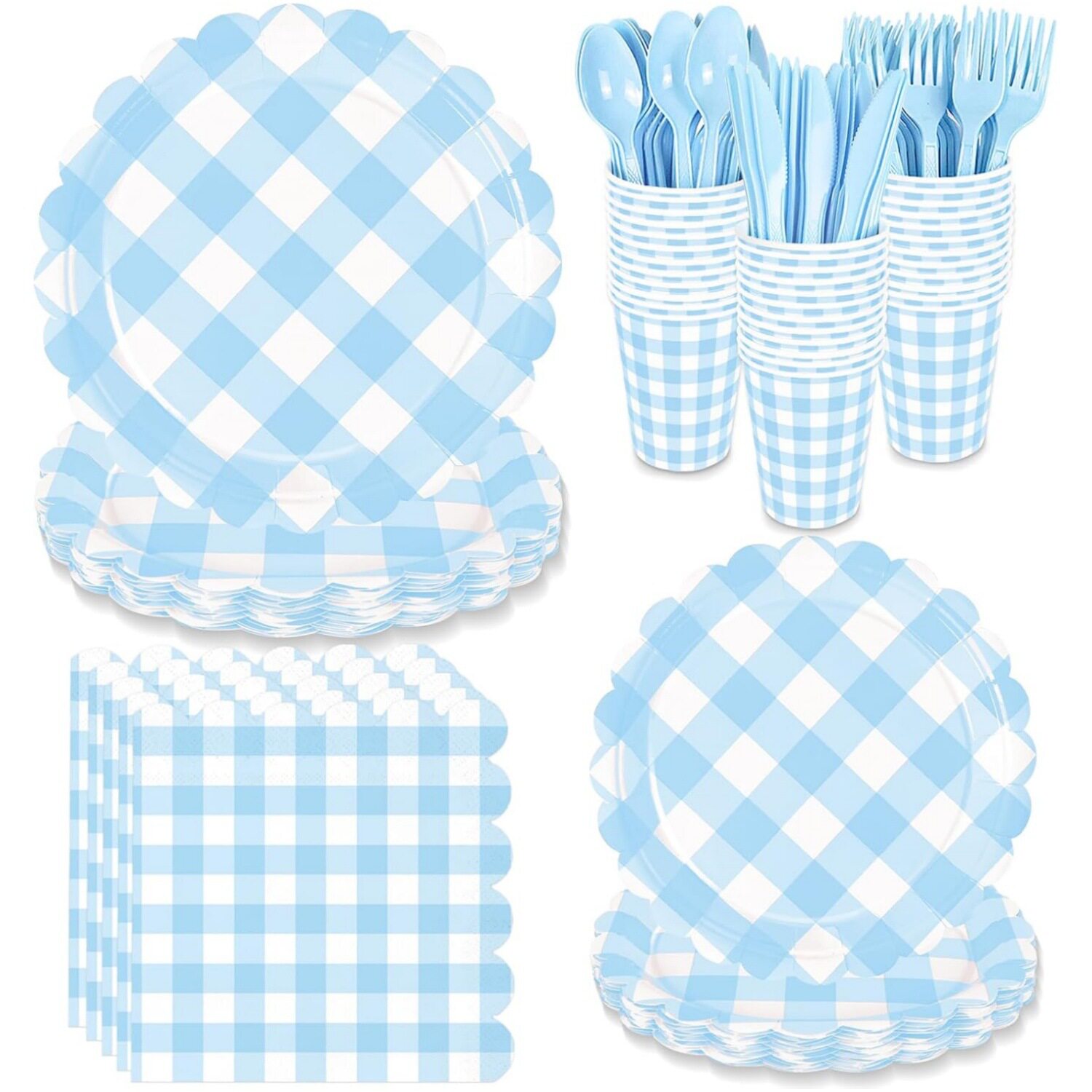 蓝色格子派对用品花边纸盘桌布 Blue Plaid Check Party Supplies