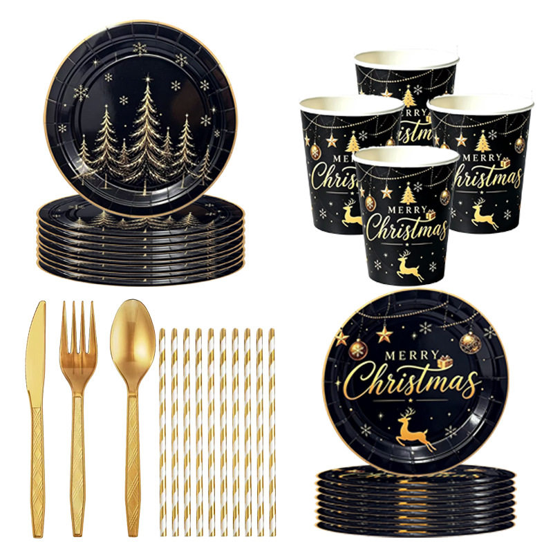 黑金色圣诞节派对装扮用品 Black Gold Xmas Party Tableware Set