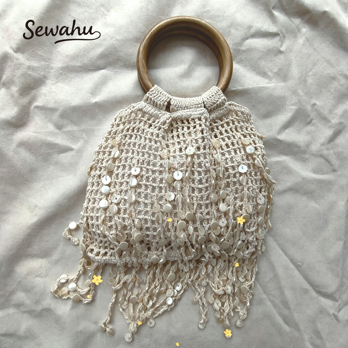 SEWAHU法式复古木质圆环手提包