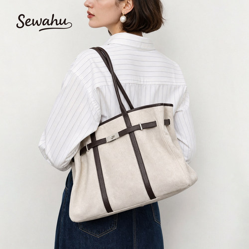 SEWAHU棉麻拼接头层牛皮托特包