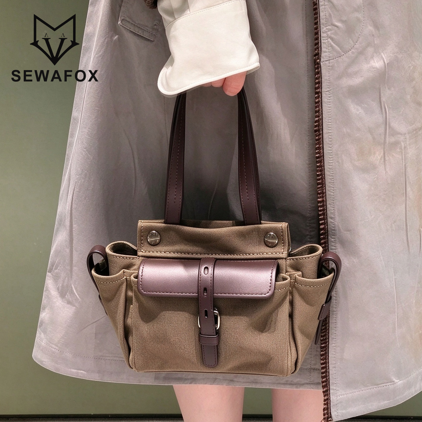 SEWAFOX复古工装帆布托特包女