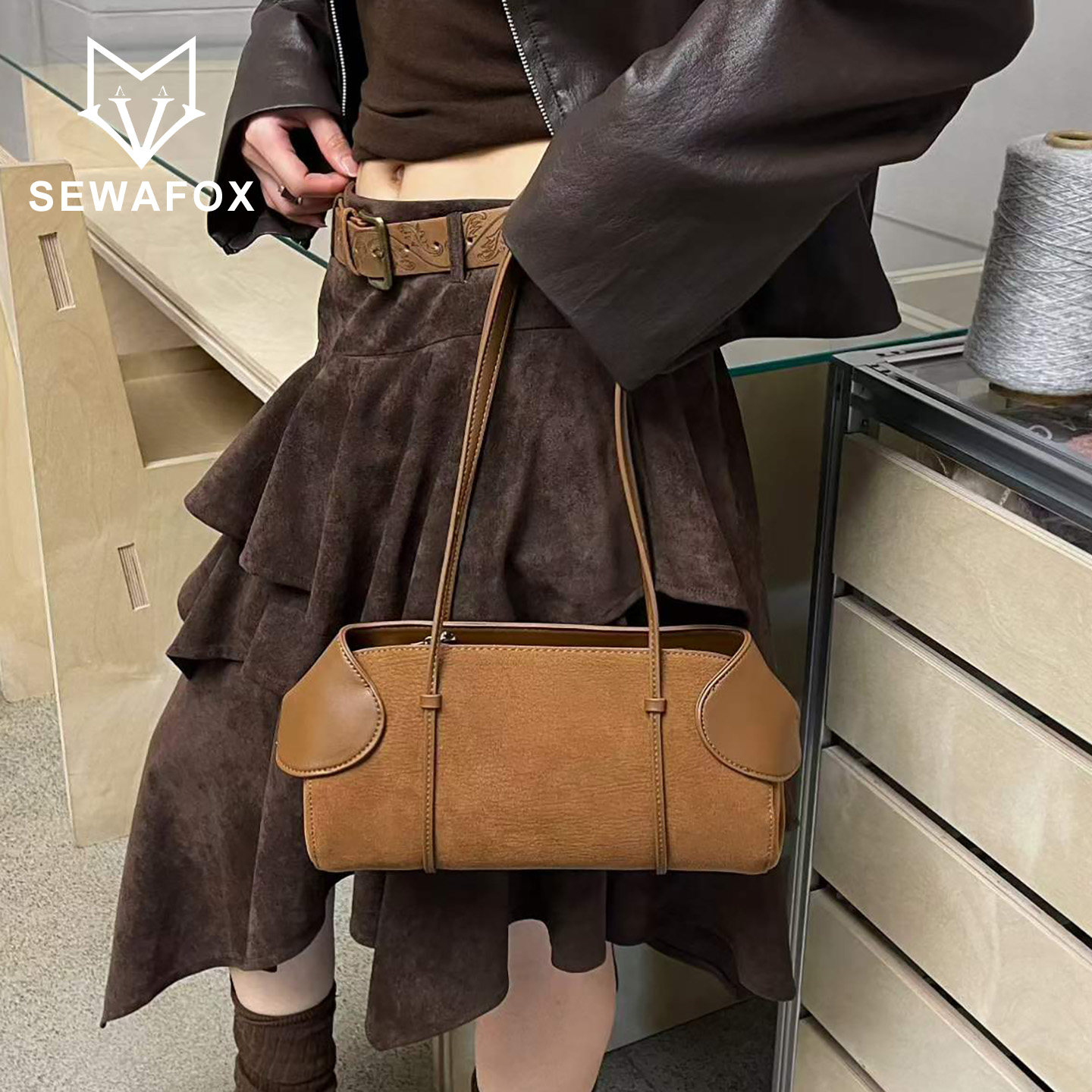 SEWAFOX美拉德复古麂皮法棍包女