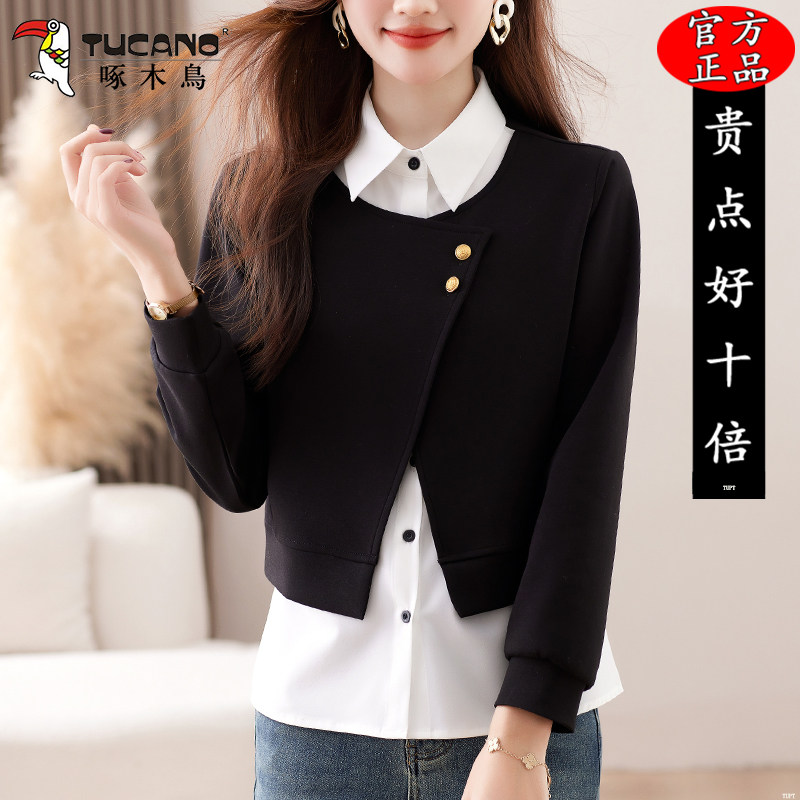 啄木鸟小个子衬衫女上衣假两件2026新款春秋女士衬衣时尚洋气小衫