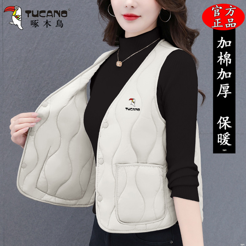啄木鸟2025新款棉马甲女士时尚高档短款保暖秋冬修身背心妈妈坎肩