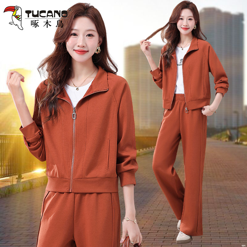 啄木鸟休闲运动套装短款长袖立领春秋季时尚洋气秋装小个子三件套