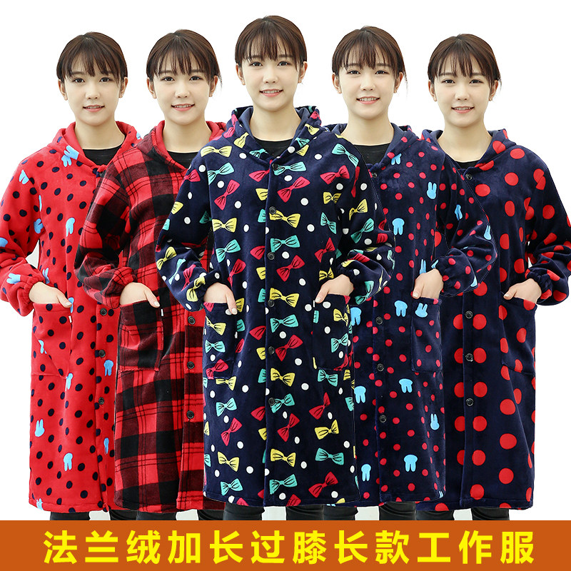 男女薄款法兰绒保暖罩衣加绒加长款工作服羽绒服围裙