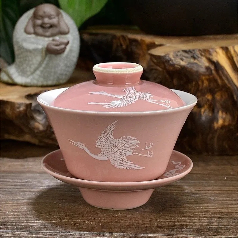 景德镇老厂货建国瓷厂颜色釉堆白盖碗三才碗茶碗茶具茶碗家用单个