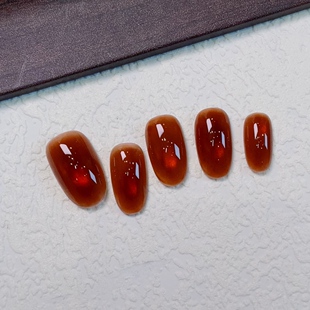 媛满【碎冰茶】琥珀猫眼纯手工穿戴美甲长短款高级感