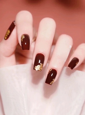 媛满【红金箔】仿大漆器非遗工艺纯手工穿戴美甲中长短红色新款