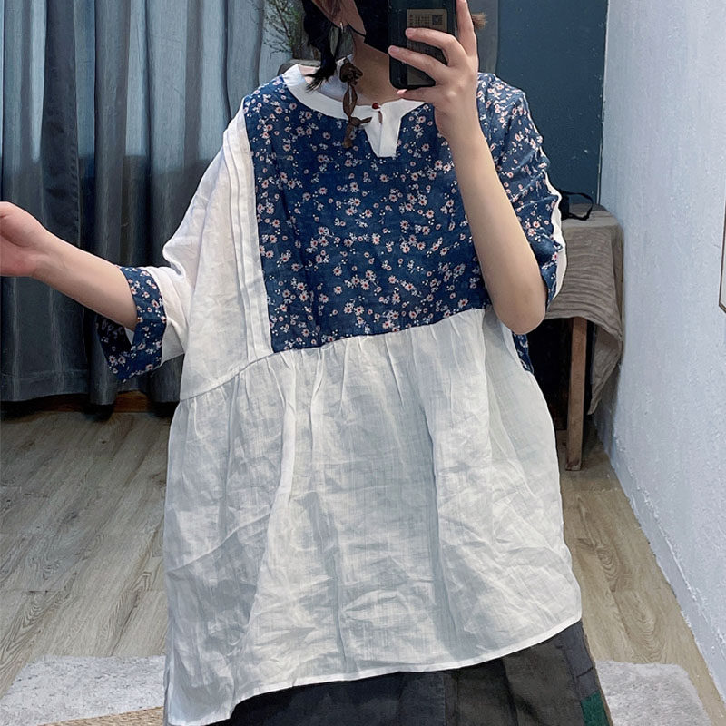夏季朴朵朵苎麻印花拼接衬衫复古文艺中长款小众飘逸大码宽松上衣