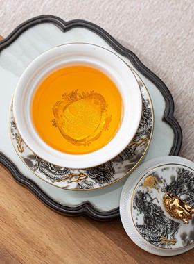 马年年会礼品送客户领导羊脂玉瓷三才墨龙盖碗大容量防烫茶具高档