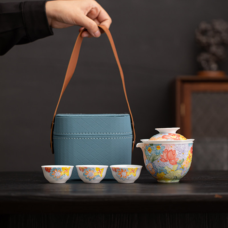 汝窑花卉纹旅行茶具套装礼盒