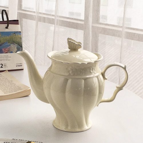 Annie Garden  外贸出口  法式复古浮雕陶瓷纯色下午茶花园咖啡壶