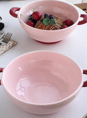 Annie Garden 外贸出口  韩国ins风粉色双耳大号陶瓷碗家用汤面碗