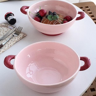 Annie Garden 外贸出口  韩国ins风粉色双耳大号陶瓷碗家用汤面碗