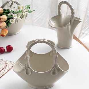 欧式 外贸出口 复古老灰白陶瓷手提大号花篮插花收纳 Garden Annie