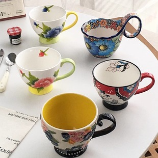 浮雕陶瓷手绘釉下彩马克杯早餐杯燕麦片碗 外贸出口 Annie Garden