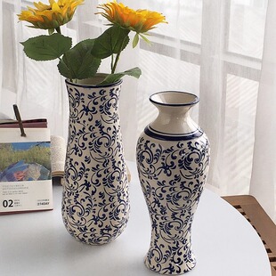 蓝钩藤图案陶瓷创意花瓶玄关客厅装 外贸出口 饰摆件 Garden Annie